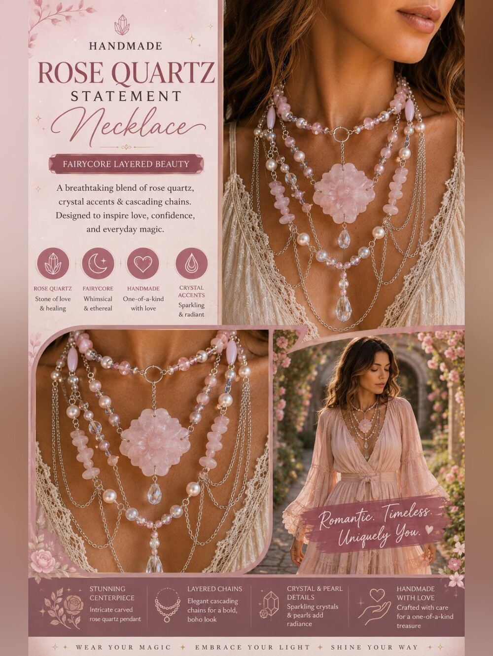 Handmade Rose Quartz Statement Necklace * Fairycore Layered Crystal Necklace *